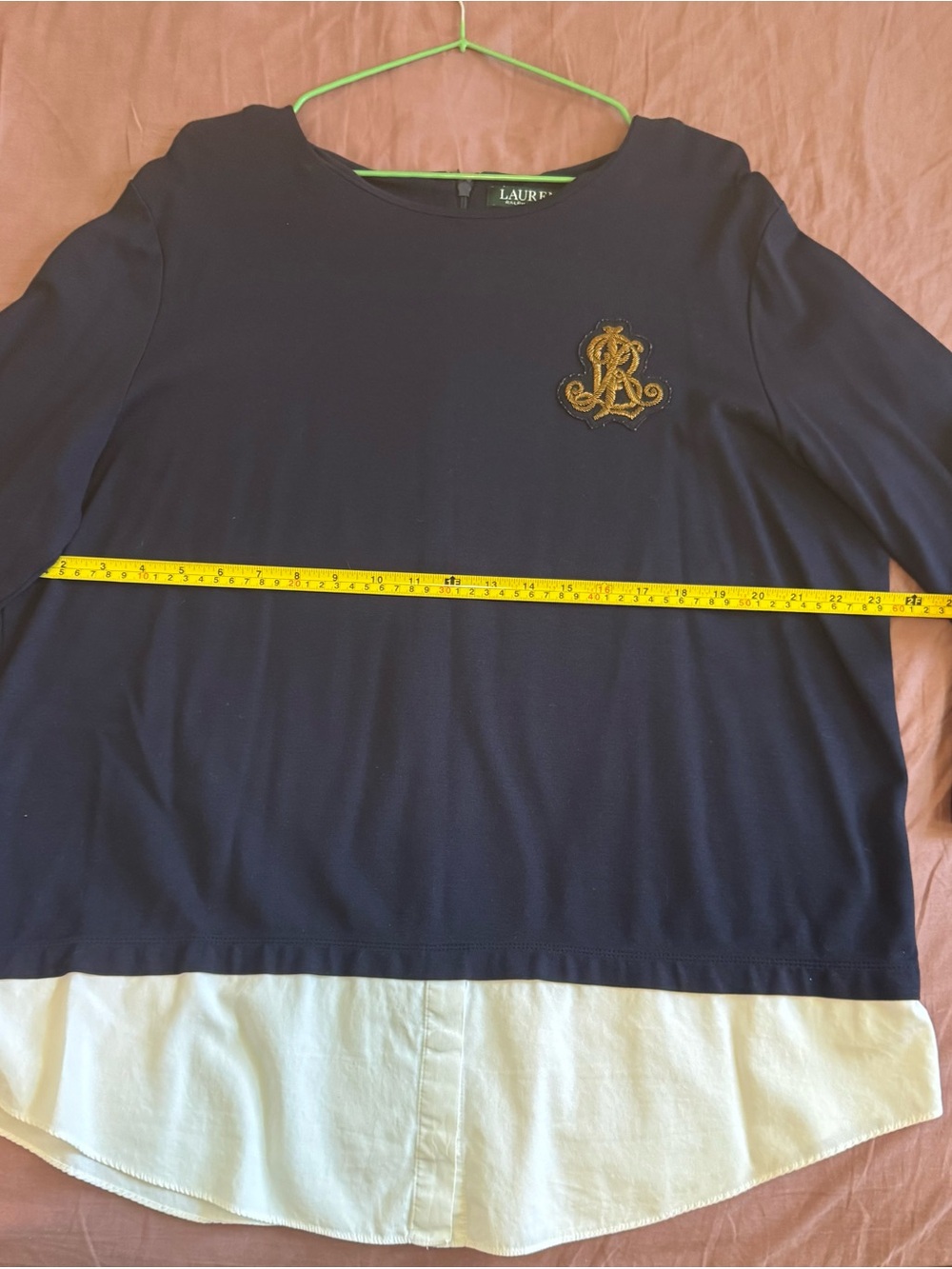 Lauren Ralph Lauren Navy Top with White Layered Hem and Gold Crest